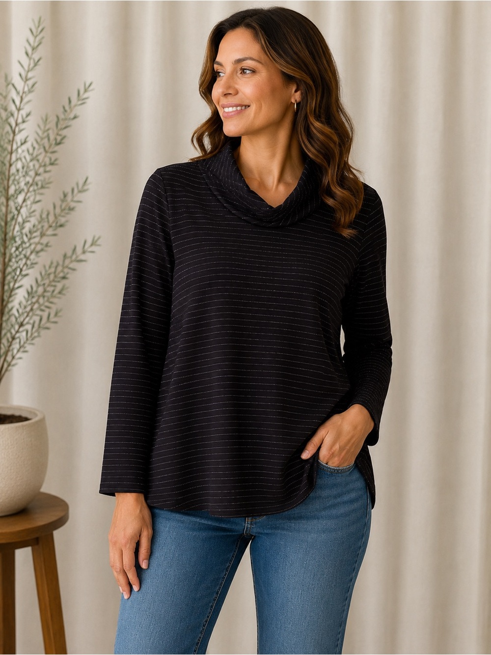 J.Jill Wearever Collection Petite M Black Metallic Stripe Cowl Neck Top
